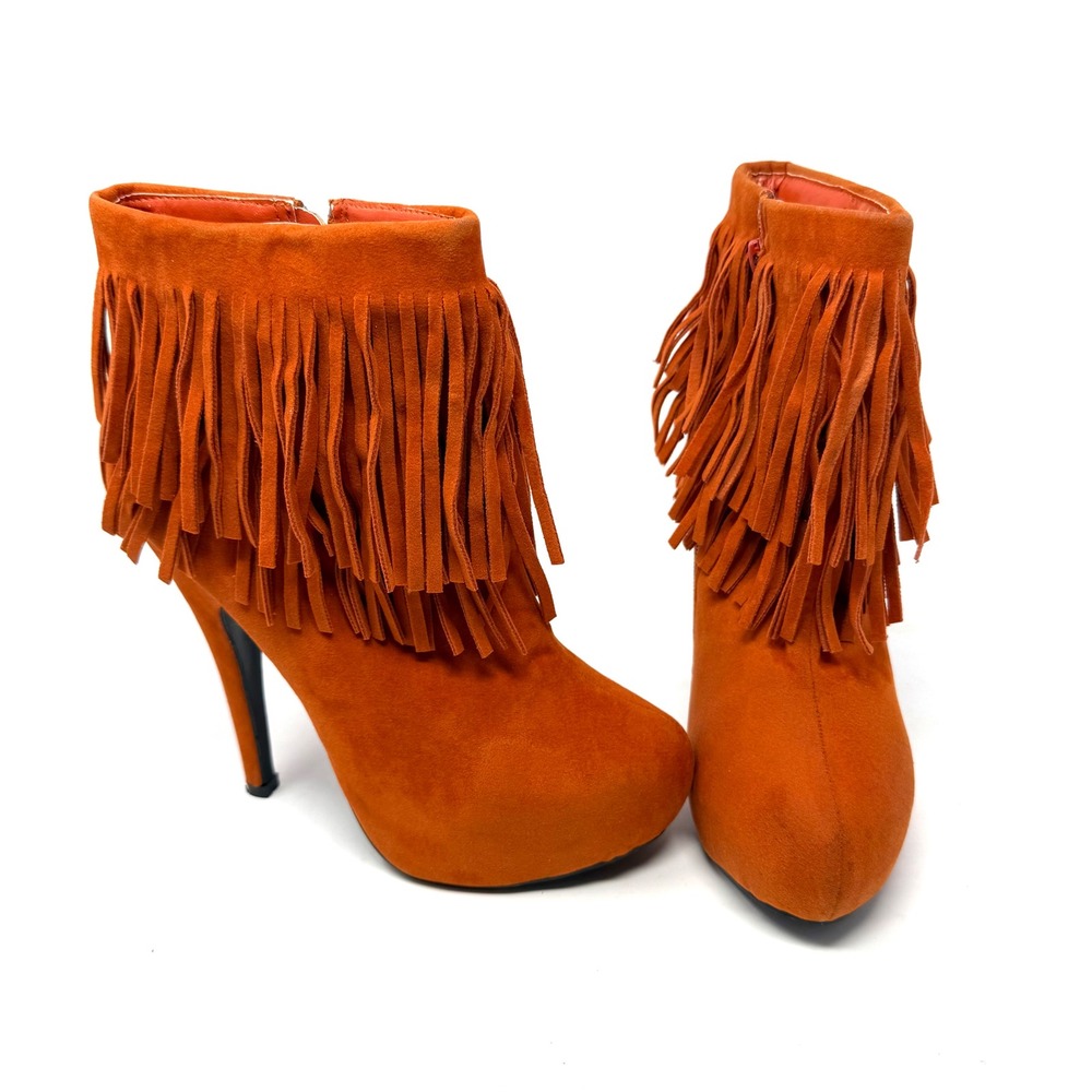 Delicacy Orange Faux Suede Fringe Stiletto Heel‎ Ankle Boots Women's Size 7